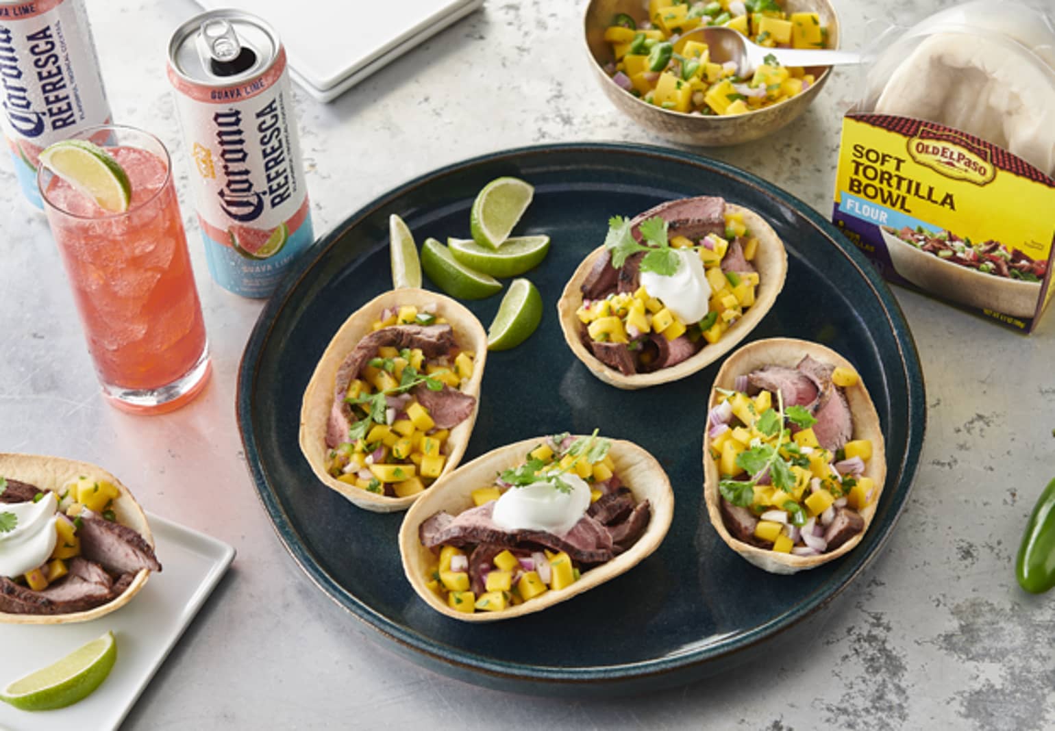 flank steak taco bowls with mango salsa